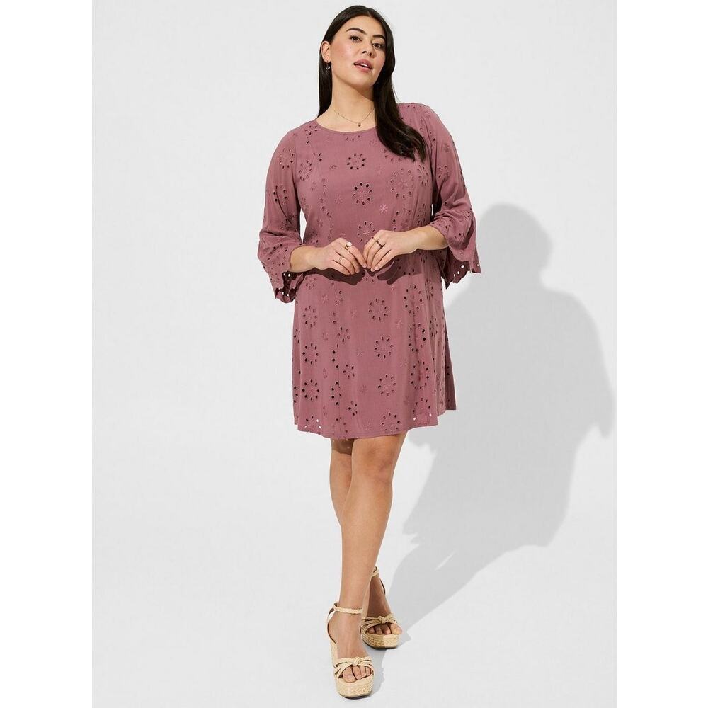 Torrid Mini Challis Eyelet Dress Women’s Size 4X Plus Rose Taupe Bell Sleeve NEW